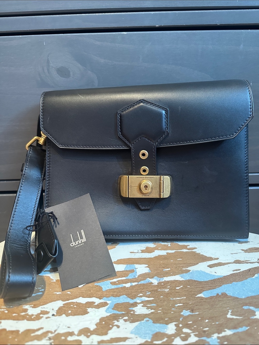 Dunhill Black Leather clutch Bag with Gold Lock